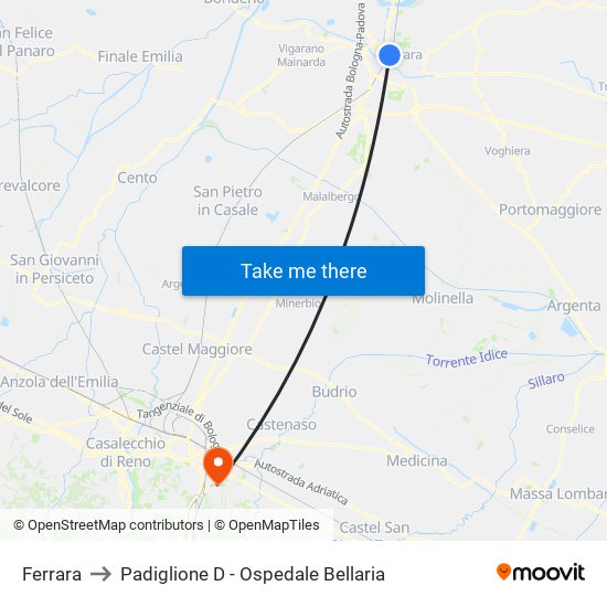 Ferrara to Padiglione D - Ospedale Bellaria map