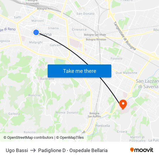 Ugo Bassi to Padiglione D - Ospedale Bellaria map