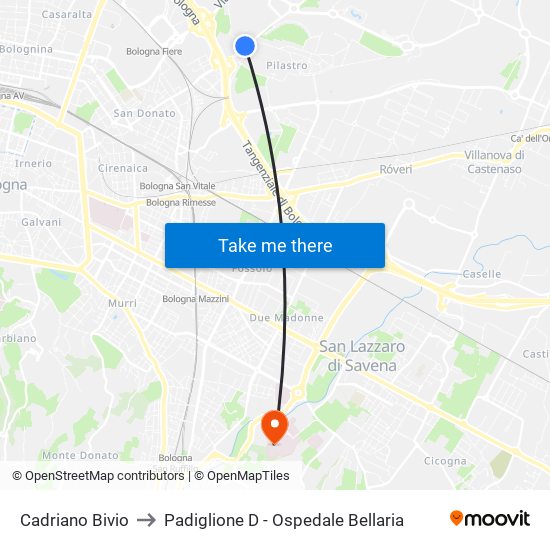 Cadriano Bivio to Padiglione D - Ospedale Bellaria map