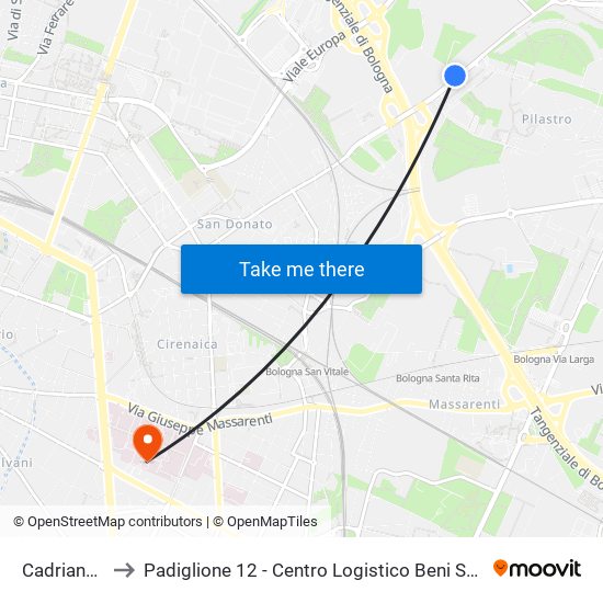 Cadriano Bivio to Padiglione 12 - Centro Logistico Beni Sanitari Ed Economali map