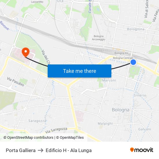 Porta Galliera to Edificio H - Ala Lunga map