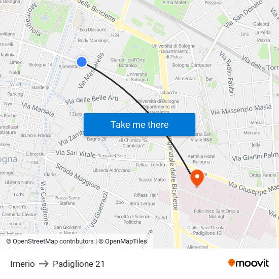 Irnerio to Padiglione 21 map