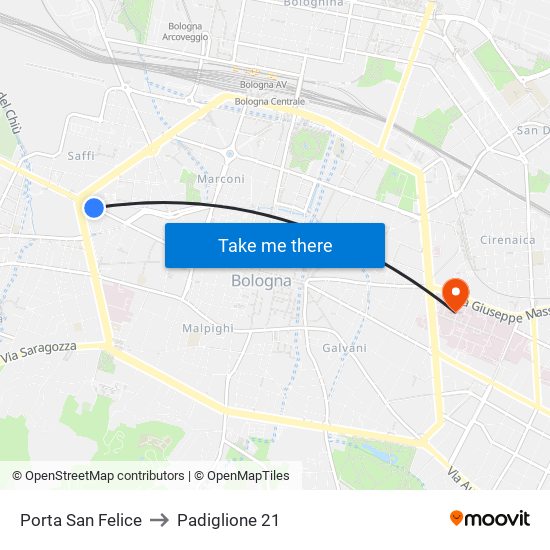 Porta San Felice to Padiglione 21 map