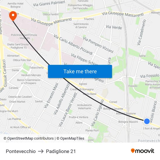 Pontevecchio to Padiglione 21 map