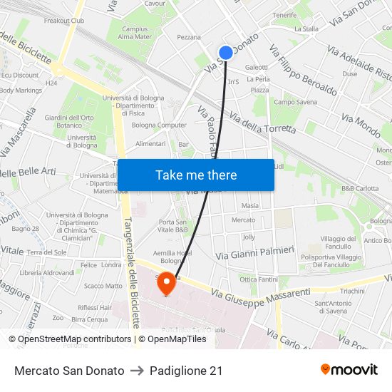 Mercato San Donato to Padiglione 21 map