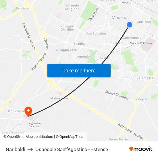 Garibaldi to Ospedale Sant’Agostino–Estense map