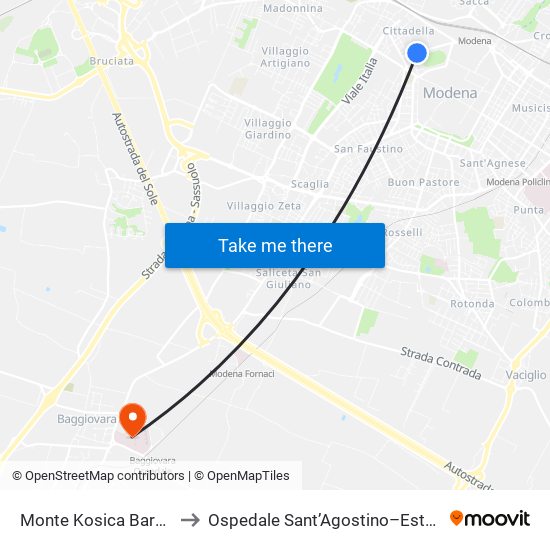 Monte Kosica Barozzi to Ospedale Sant’Agostino–Estense map