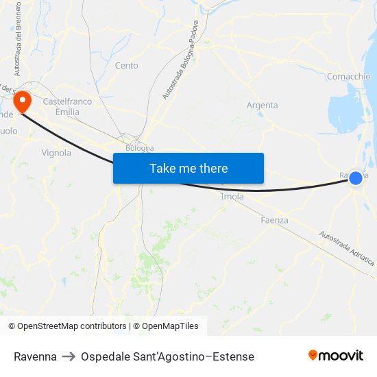 Ravenna to Ospedale Sant’Agostino–Estense map