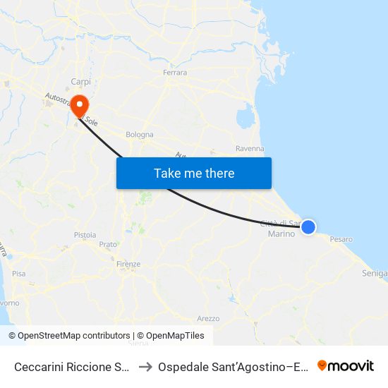 Ceccarini Riccione Station to Ospedale Sant’Agostino–Estense map