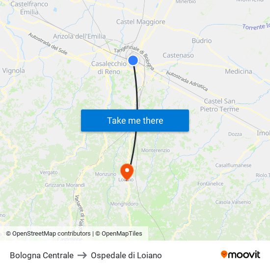 Bologna Centrale to Ospedale di Loiano map