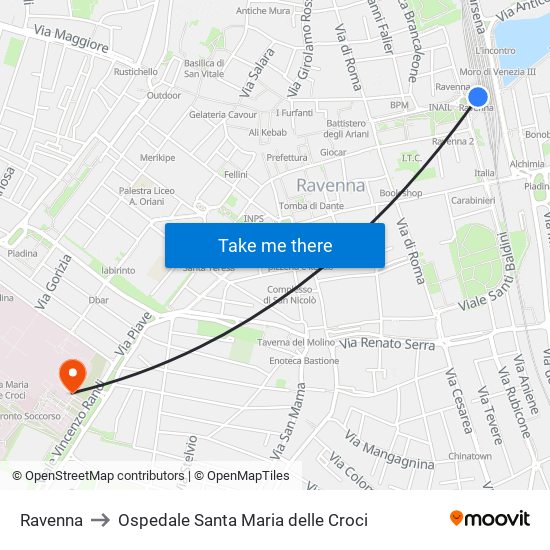 Ravenna to Ospedale Santa Maria delle Croci map