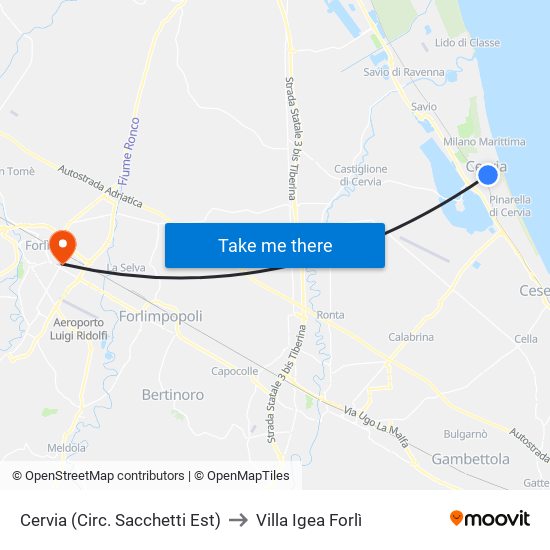 Cervia (Circ. Sacchetti Est) to Villa Igea Forlì map