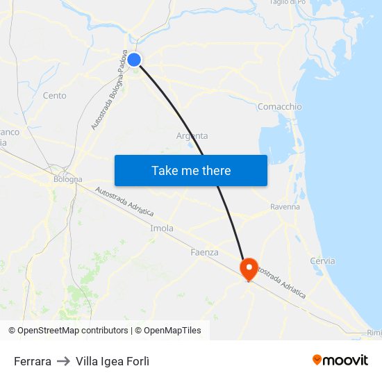 Ferrara to Villa Igea Forlì map