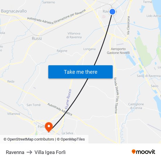 Ravenna to Villa Igea Forlì map