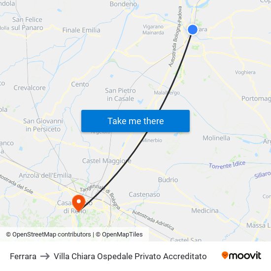 Ferrara to Villa Chiara Ospedale Privato Accreditato map