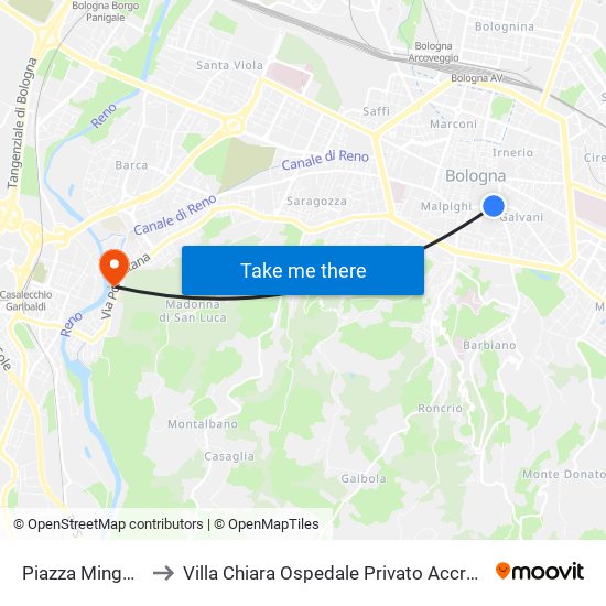 Piazza Minghetti to Villa Chiara Ospedale Privato Accreditato map