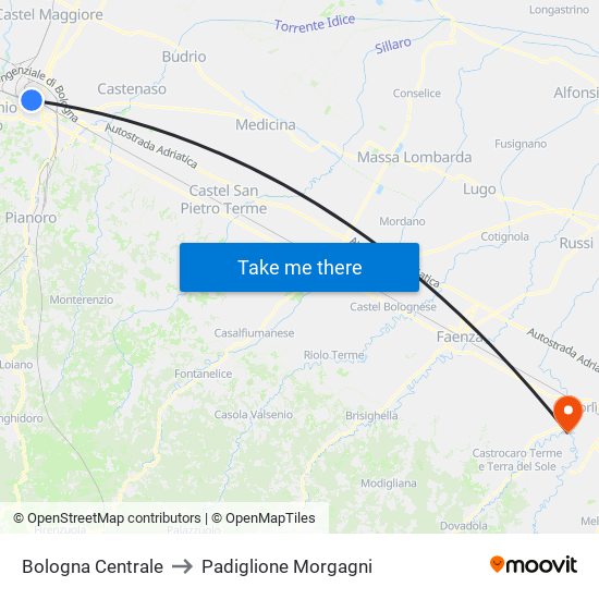 Bologna Centrale to Padiglione Morgagni map