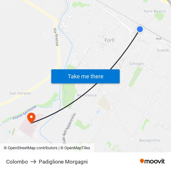 Colombo to Padiglione Morgagni map