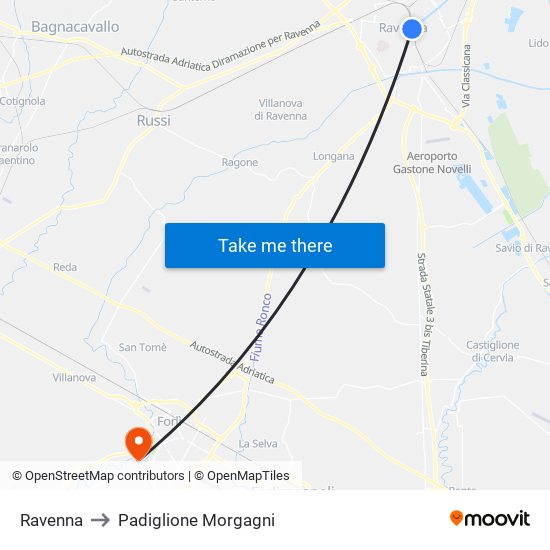 Ravenna to Padiglione Morgagni map