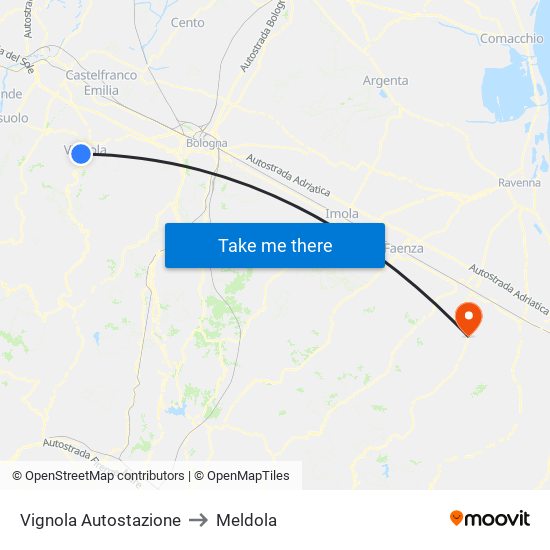 Vignola Autostazione to Meldola map