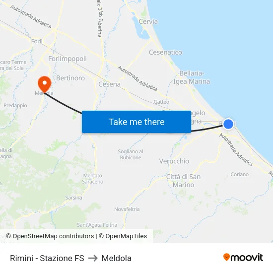 Rimini - Railway Station to Meldola map