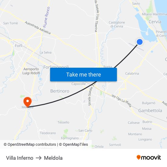 Villa Inferno to Meldola map