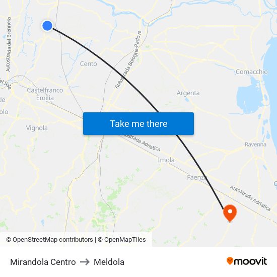 Mirandola Centro to Meldola map