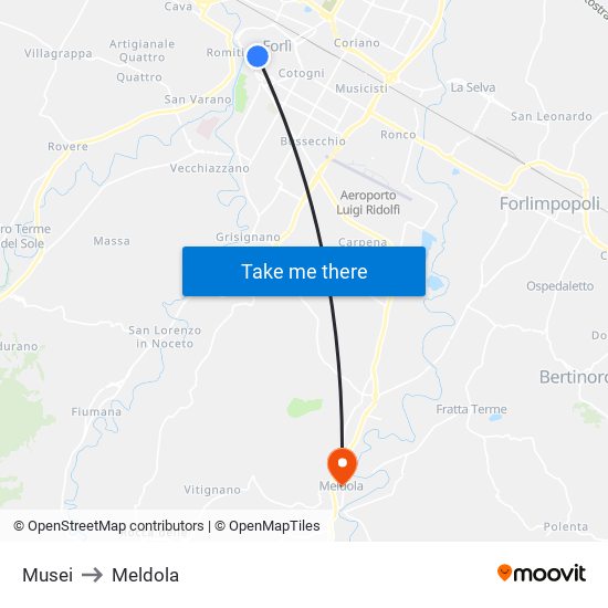 Musei to Meldola map