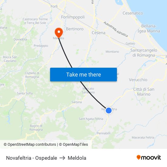 Novafeltria - Ospedale to Meldola map