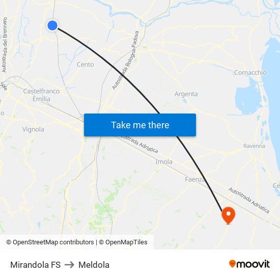 Mirandola FS to Meldola map