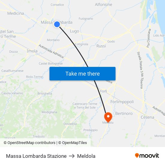 Massa Lombarda Stazione to Meldola map