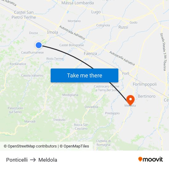 Ponticelli to Meldola map