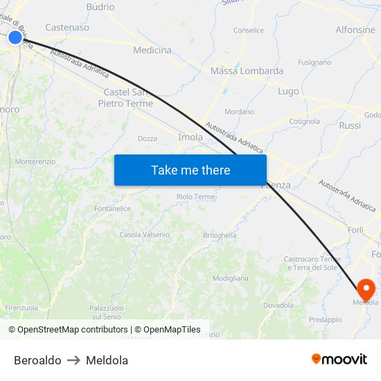 Beroaldo to Meldola map
