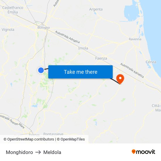 Monghidoro to Meldola map