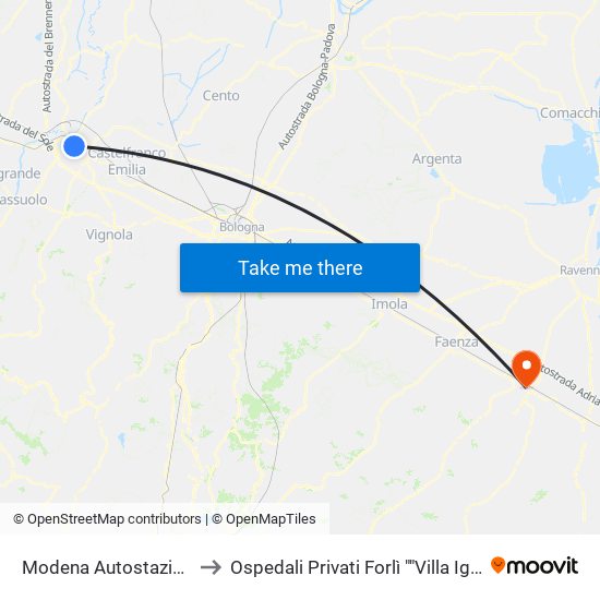 Modena  Autostazione to Ospedali Privati Forlì ""Villa Igea"" map