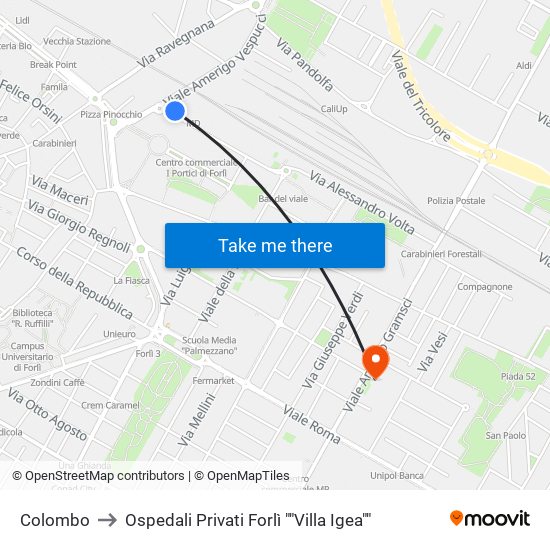 Colombo to Ospedali Privati Forlì ""Villa Igea"" map