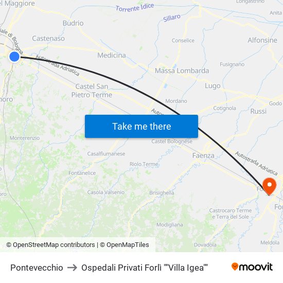 Pontevecchio to Ospedali Privati Forlì ""Villa Igea"" map