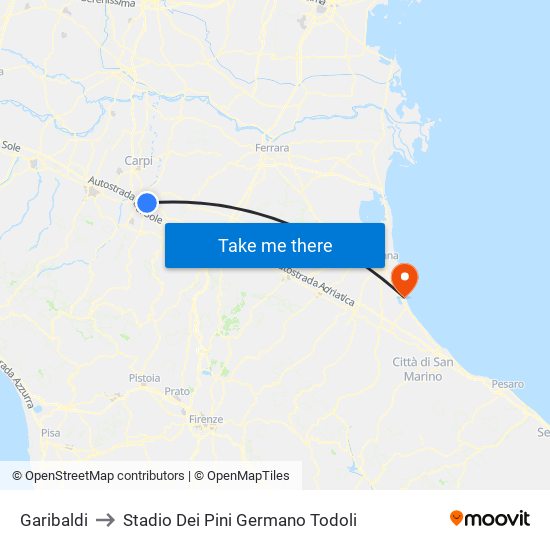 Garibaldi to Stadio Dei Pini Germano Todoli map