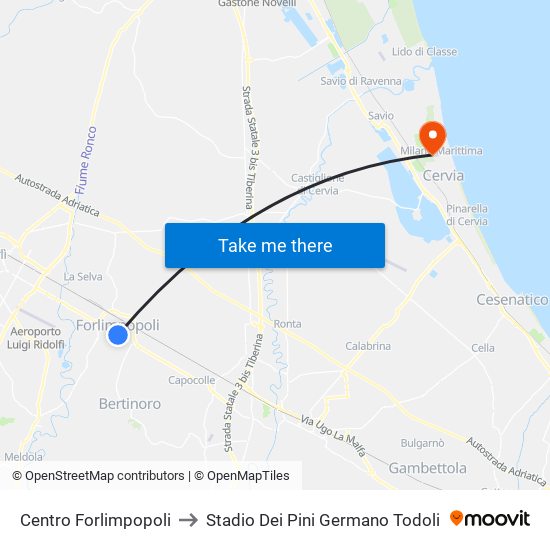 Centro Forlimpopoli to Stadio Dei Pini Germano Todoli map