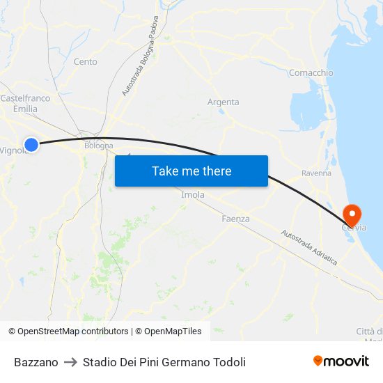 Bazzano to Stadio Dei Pini Germano Todoli map