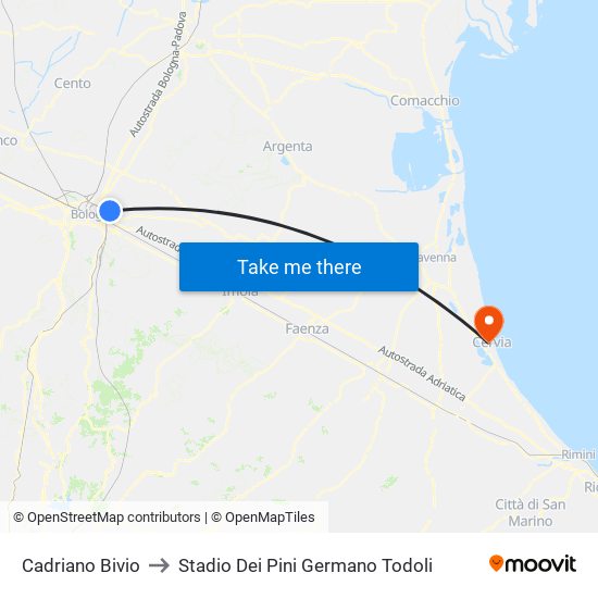 Cadriano Bivio to Stadio Dei Pini Germano Todoli map