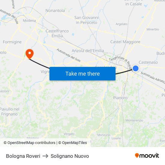 Bologna Roveri to Solignano Nuovo map