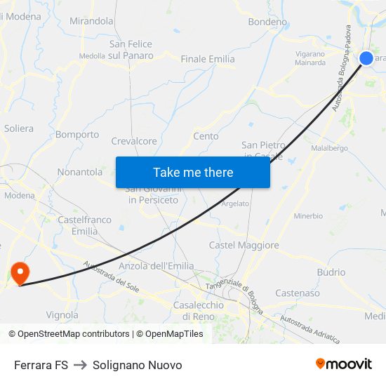 Ferrara FS to Solignano Nuovo map