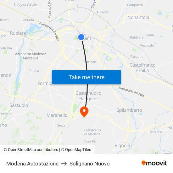 Modena Autostazione to Solignano Nuovo map