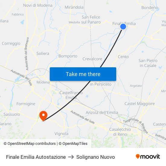 Finale Emilia Autostazione to Solignano Nuovo map