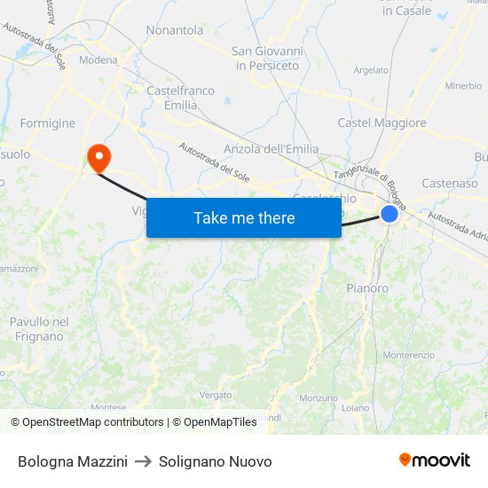 Bologna Mazzini to Solignano Nuovo map