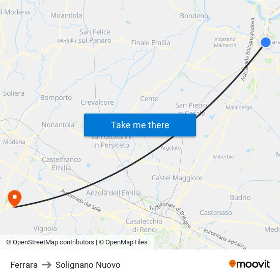 Ferrara to Solignano Nuovo map