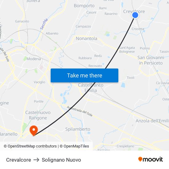 Crevalcore to Solignano Nuovo map