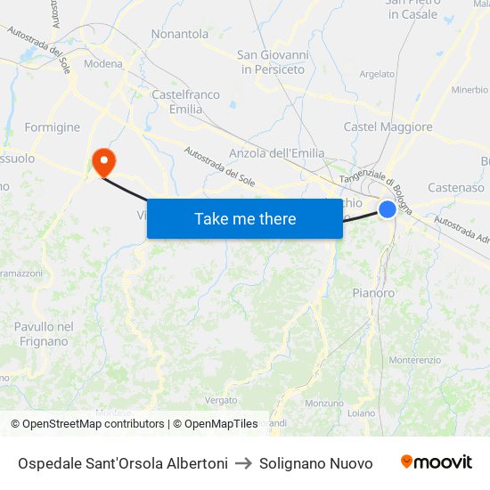 Ospedale Sant'Orsola Albertoni to Solignano Nuovo map