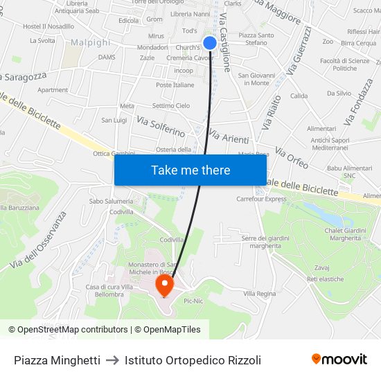 Piazza Minghetti to Istituto Ortopedico Rizzoli map